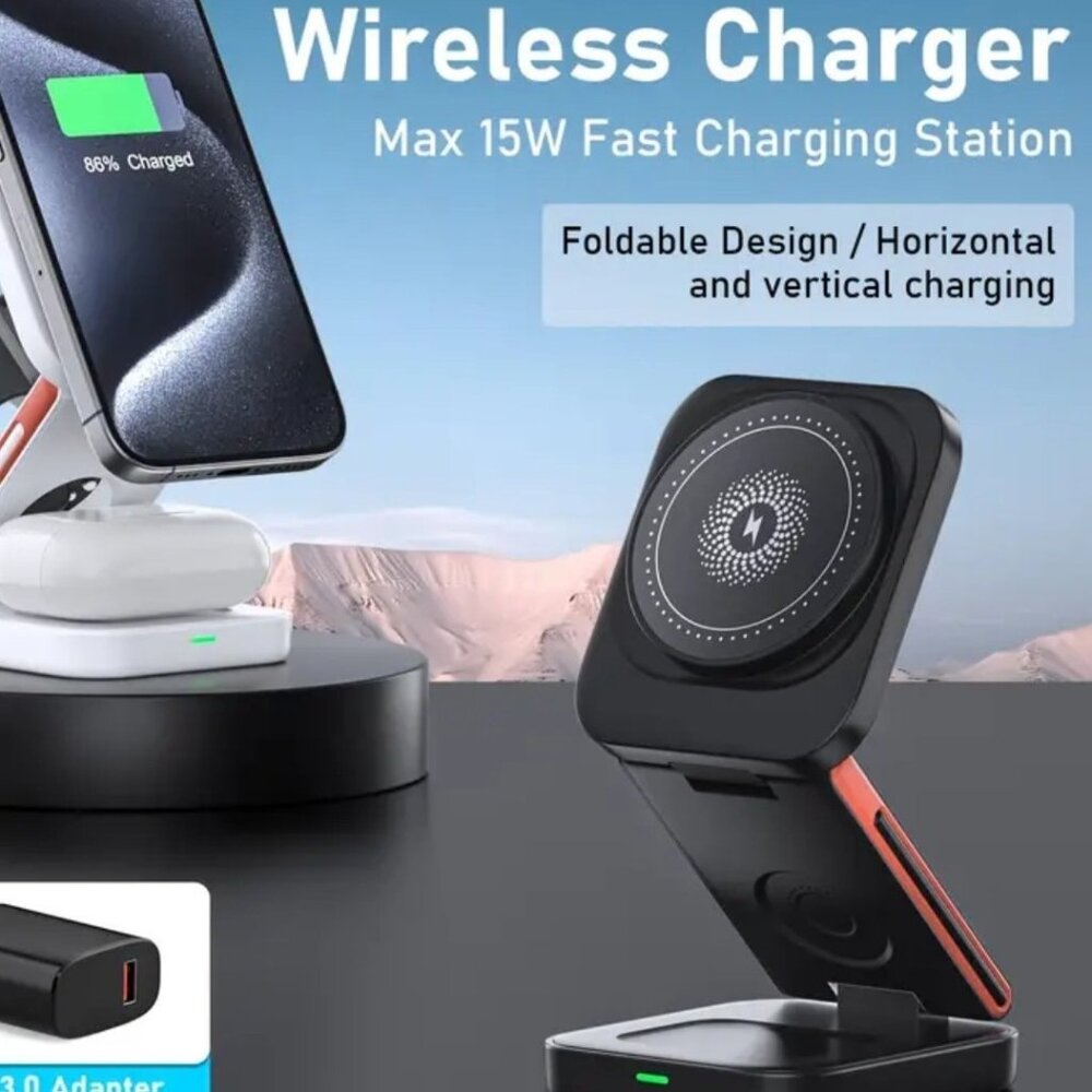 NEW IN BOX 3-in-1 iPhone, Airpods, & iWatch Foldable Magnetic Wireless Charger
